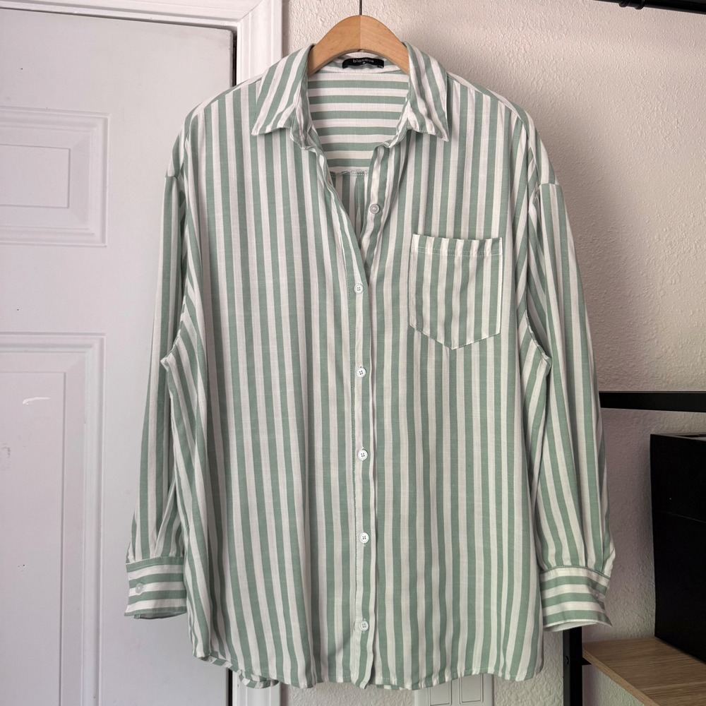 BLANQUE sage green white striped cotton long sleeve button up down shirt top